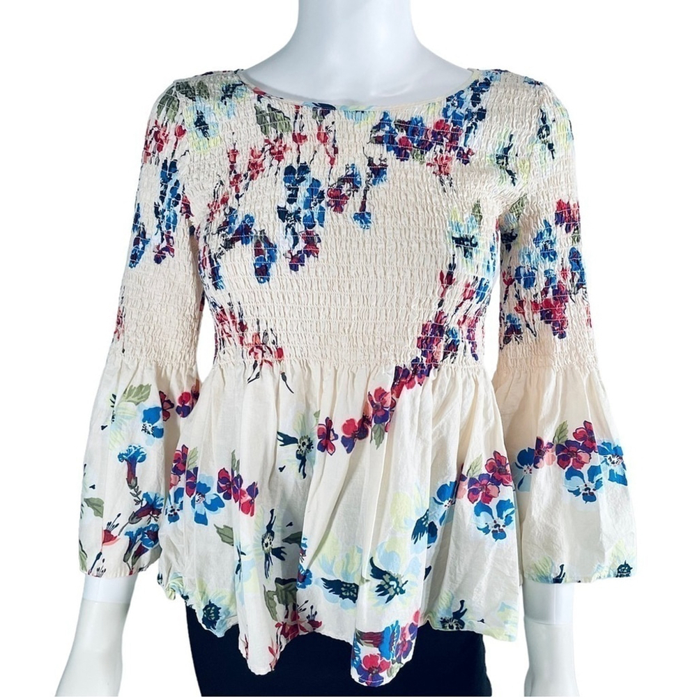 Jane Delancey Cream Blue Floral Smocked Blouse Small